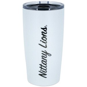 white travel tumbler with script Nittany Lions up the side